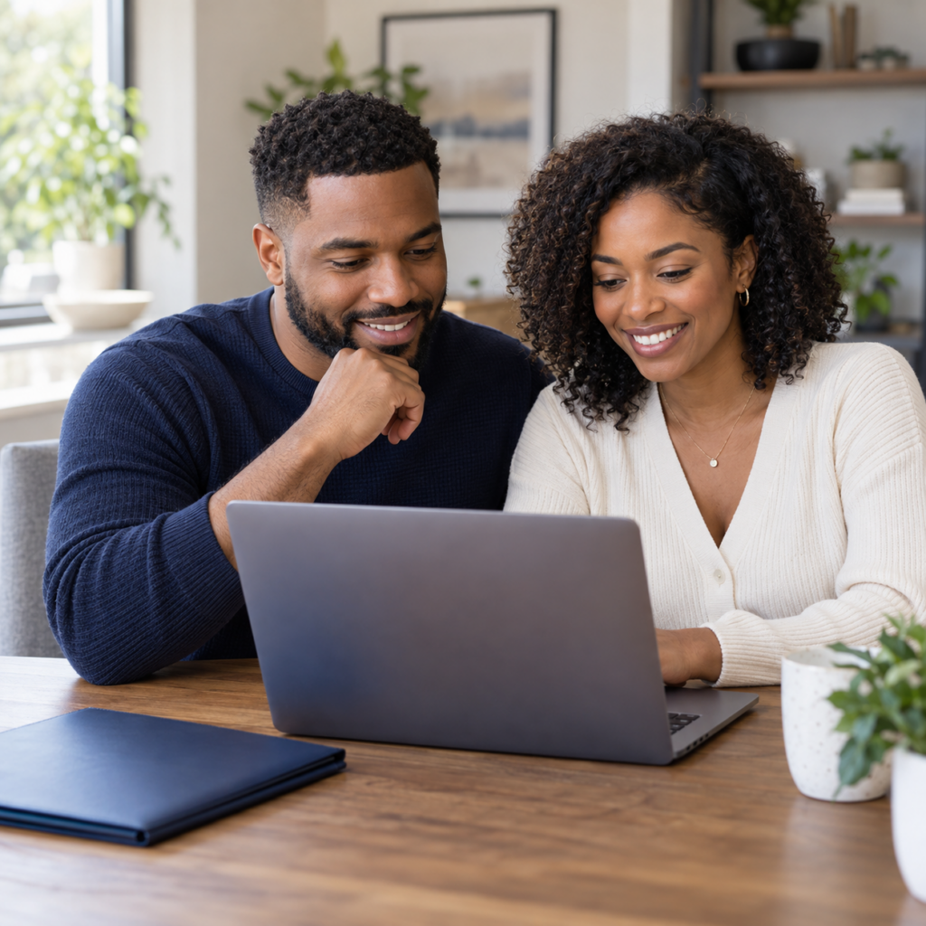 Couple completing a remote online real estate closing together