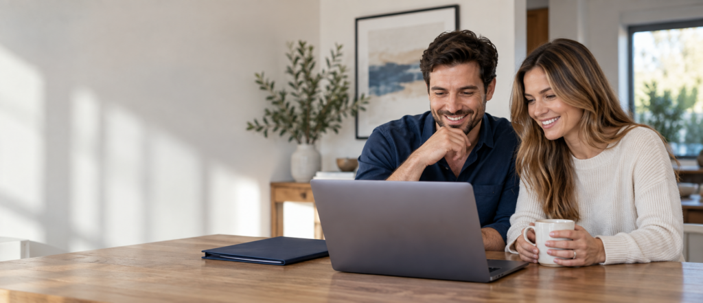 Young couple completing a remote online real estate closing from home